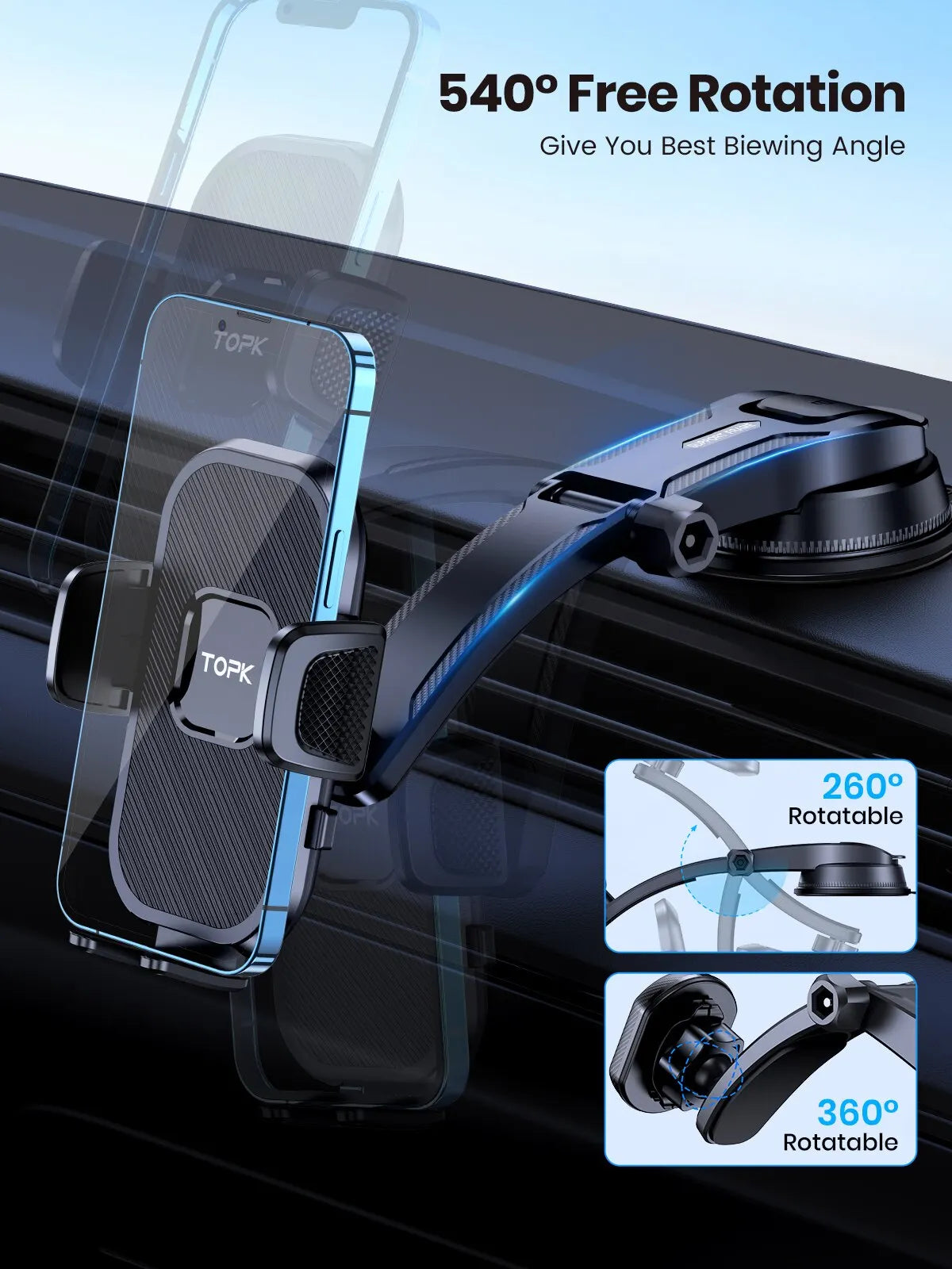5-Second Secure Car Phone Holder - Gravity Stand for iPhone, Xiaomi, Samsung - Dashboard & Windshield Mount